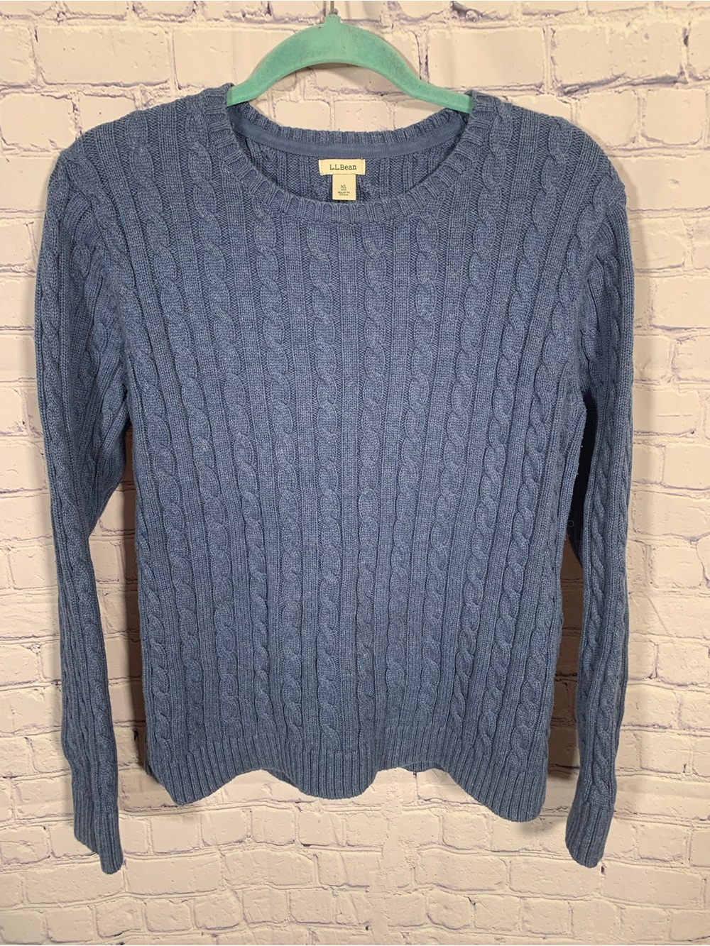 L.L.Bean Womens Cotton Crew Neck Cable Knit Sweater Blue XL Old Money Fisherman